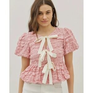 Idem Ditto‎ Pink Textured Ruffle Tie Front Peplum Blouse Top Women's Large